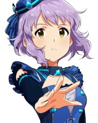 Rule 34 | 1girl, cleavage cutout, closed mouth, clothing cutout, commentary request, costume, detached sleeves, hat, highres, idolmaster, idolmaster million live!, looking at viewer, makabe mizuki, mini hat, nagami tami, portrait, purple hair, reaching, reaching towards viewer, short hair, solo, white background, yellow eyes