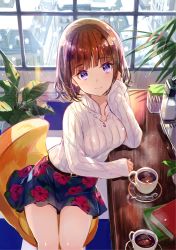 Rule 34 | 1girl, belt, blunt bangs, blush, book, breasts, brown hair, checkered floor, closed mouth, coffee, commentary request, cup, earrings, fuzichoco, highres, indoors, jewelry, looking at viewer, medium breasts, necklace, original, plant, potted plant, purple eyes, short hair, sitting, skirt, smile, snow, solo, sweater, window