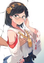 Rule 34 | 1girl, adjusting eyewear, bare shoulders, black eyes, black hair, blush, grabbing another&#039;s breast, breasts, commentary request, detached sleeves, glasses, grabbing, green-framed eyewear, hairband, headgear, japanese clothes, kantai collection, kirishima (kancolle), medium breasts, nontraditional miko, partially colored, ribbon-trimmed sleeves, ribbon trim, senbei (senbe i), short hair, solo focus