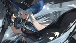 Rule 34 | 1girl, absurdres, arknights, belt, bilibilida, black belt, black cloak, black gloves, black hat, claymore (sword), cloak, commentary request, floating cape, gloves, grey shirt, hat, high belt, highres, holding, holding sword, holding weapon, long hair, looking at viewer, red eyes, shirt, sidelocks, skadi (arknights), solo, standing, sword, weapon, white hair, wristband