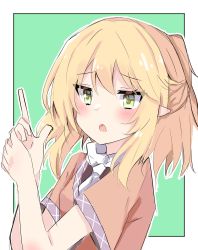 Rule 34 | 1girl, black shirt, blonde hair, blouse, blush, border, brown jacket, commentary request, finger gun, green background, green eyes, highres, jacket, mizuhashi parsee, nono54558, one-hour drawing challenge, open mouth, pointy ears, scarf, shirt, short hair, short sleeves, simple background, touhou, upper body, white border, white scarf