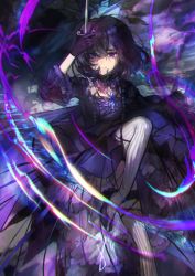 Rule 34 | 1girl, absurdres, black dress, black footwear, black hair, blurry, blurry background, closed mouth, dress, frilled dress, frills, hand up, highres, holding, holding sword, holding weapon, huge filesize, layered dress, leg up, looking at viewer, original, pleated dress, purple eyes, shoes, short hair, solo, striped clothes, striped thighhighs, sword, thighhighs, vertical-striped clothes, vertical-striped thighhighs, wata (attaka towel), weapon, white thighhighs