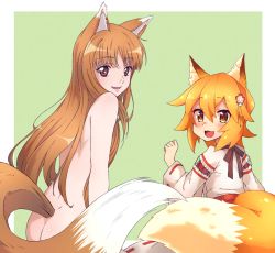 Rule 34 | 2girls, :d, animal ear fluff, animal ears, ass, back, blonde hair, blush, brown hair, commentary, crossover, english commentary, fang, fox ears, fox girl, fox tail, from behind, green background, hair between eyes, hair ornament, holo, kukie-nyan, long hair, looking at viewer, looking back, multiple girls, nude, open mouth, ribbon-trimmed sleeves, ribbon trim, senko (sewayaki kitsune no senko-san), sewayaki kitsune no senko-san, short hair, simple background, skin fang, smile, spice and wolf, tail, wolf ears, wolf girl, wolf tail, yellow eyes