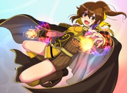 Rule 34 | 1girl, :d, boots, bow, bracelet, breasts, brown cape, brown eyes, brown footwear, brown hair, brown jumpsuit, cape, chromatic aberration, delthea (fire emblem), fang, fire emblem, fire emblem echoes: shadows of valentia, floating hair, gold trim, grey cape, hair bow, hiramine akira, jewelry, jumpsuit, magic, nintendo, open mouth, pointy footwear, ponytail, ribbed jumpsuit, short hair, short jumpsuit, small breasts, smile, solo, two-sided fabric, two-tone cape, yellow bow