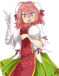 Rule 34 | 1girl, bandaged arm, bandages, between breasts, blouse, blush, breast hold, breasts, double bun, green skirt, highres, huge breasts, ibaraki kasen, open mouth, pink eyes, pink hair, pleated skirt, pointing, pointing up, puffy short sleeves, puffy sleeves, shirt, short sleeves, simple background, skirt, solo, tabard, touhou, tyouseki, white background, white shirt