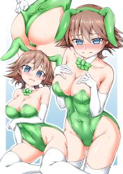 Rule 34 | 1girl, absurdres, adjusting clothes, adjusting leotard, alternate costume, animal ears, ass, bare shoulders, blue eyes, blush, bow, bowtie, breasts, brown hair, covered navel, detached collar, elbow gloves, embarrassed, fake animal ears, flipped hair, gloves, green bow, green bowtie, green hairband, green leotard, hairband, hiei (kancolle), highleg, highleg leotard, highres, kantai collection, leotard, medium breasts, nose blush, oohashi yanta, playboy bunny, rabbit ears, short hair, solo, strapless, strapless leotard, thighhighs, wedgie, white thighhighs