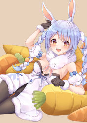 Rule 34 | 1girl, absurdres, animal ear fluff, animal ears, black gloves, black pantyhose, blue hair, blush, braid, breasts, carrot hair ornament, cleavage, commentary request, don-chan (usada pekora), food-themed hair ornament, gloves, hair ornament, highres, hololive, long hair, looking at viewer, multicolored hair, open mouth, pantyhose, poe (528yuzunon), rabbit ears, rabbit girl, smile, solo, twin braids, two-tone hair, usada pekora, usada pekora (1st costume), virtual youtuber, white hair