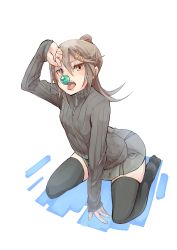 Rule 34 | 1girl, arched back, arm above head, arm support, black thighhighs, brown eyes, brown hair, candy, fang, food, fu-ta, hair ornament, hairclip, kneeling, legs apart, licking, lollipop, long sleeves, looking at viewer, no shoes, open mouth, original, pleated skirt, ponytail, ribbed sweater, sexually suggestive, sitting, skindentation, skirt, sleeves past wrists, solo, spread legs, sweater, thighhighs, tongue, tongue out, usami taiga, white background, zettai ryouiki