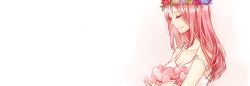 Rule 34 | 1girl, breasts, cleavage, closed eyes, head wreath, heart, holding, kuroko no basuke, long hair, momoi satsuki, pink hair, pkynocardia, smile, solo, spaghetti strap, upper body