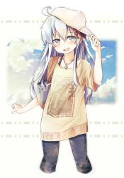 Rule 34 | 1girl, ahoge, alternate costume, anchor necklace, bag, beige shirt, black pants, blue sky, cloud, commentary request, contemporary, english text, feet out of frame, flat cap, grey eyes, hair between eyes, hat, hibiki (kancolle), jewelry, kantai collection, long hair, looking at viewer, necklace, pants, print shirt, shirt, shoulder bag, silver hair, sky, solo, taisho (gumiyuki), white background, white hat
