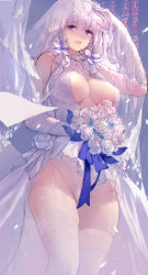 Rule 34 | 1girl, azur lane, bare shoulders, blue eyes, blush, bouquet, breasts, bridal veil, center opening, cleavage, covered erect nipples, dress, elbow gloves, flower, from below, garter straps, gloves, hair ornament, hair ribbon, halter dress, halterneck, highres, holding, holding bouquet, illustrious (azur lane), illustrious (morning star of love and hope) (azur lane), lace, lace-trimmed dress, lace panties, lace trim, large breasts, lifted by self, long hair, looking at viewer, low twintails, mole, mole under eye, open mouth, panties, purple eyes, ribbon, rose, signature, smile, solo, swd3e2, thighhighs, tiara, tress ribbon, tri tails, twintails, underwear, veil, wedding dress, white dress, white flower, white gloves, white hair, white panties, white rose, white thighhighs