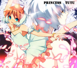 Rule 34 | 00s, 1boy, 1girl, :d, ahiru (princess tutu), ahoge, arm up, armpits, bad id, bad pixiv id, ballerina, ballet, bare legs, bare shoulders, bead bracelet, beads, blue dress, blue eyes, bracelet, character name, copyright name, cowboy shot, crown, dancing, dress, flat chest, glowing, hifumi chiyoko, jewelry, layered dress, leg up, looking at viewer, multicolored hair, mytho (princess tutu), mythos, necklace, open mouth, orange hair, outstretched arm, pendant, petals, princess tutu, princess tutu (character), profile, red hair, see-through, short hair, smile, strapless, strapless dress, topless male, tutu, two-tone hair, upper body, white hair, yellow eyes