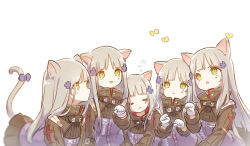 Rule 34 | 5girls, :&lt;, :d, alithea jane, animal, animal ear fluff, animal ears, black skirt, blush stickers, bow, breasts, bug, butterfly, cat ears, cat girl, cat tail, closed eyes, closed mouth, commentary request, facial mark, girls&#039; frontline, gloves, green eyes, grey hair, hair ornament, highres, hk416 (girls&#039; frontline), insect, jacket, kemonomimi mode, long hair, long sleeves, multiple girls, multiple persona, open mouth, parted lips, paw pose, pleated skirt, purple bow, purple jacket, simple background, skirt, sleeping, small breasts, smile, tail, tail bow, tail ornament, very long hair, white background, white gloves