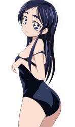 Rule 34 | 1girl, ass, black hair, black one-piece swimsuit, blue eyes, clothes pull, cowboy shot, futari wa precure, highres, long hair, looking at viewer, oimanji, one-piece swimsuit, one-piece swimsuit pull, precure, school swimsuit, simple background, solo, standing, swimsuit, wet, wet clothes, wet swimsuit, white background, yukishiro honoka