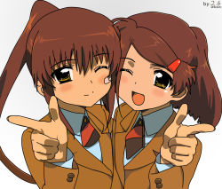 Rule 34 | 2girls, artist name, artist request, bandaid, bandaid on face, blush, brown hair, female focus, hair ornament, hairpin, highres, kissxsis, looking at viewer, multiple girls, necktie, one eye closed, open mouth, ponytail, school uniform, siblings, sisters, smile, source request, suminoe ako, suminoe riko, twins, yellow eyes