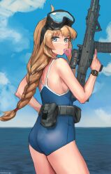 Rule 34 | 1girl, absurdres, ahoge, ammunition pouch, ass, assault rifle, bare shoulders, blue one-piece swimsuit, blue sky, braid, braided ponytail, breasts, brown hair, chewing gum, cloud, diving mask, diving mask on head, goggles, goggles on head, grey eyes, gun, highres, holding, holding gun, holding weapon, indie virtual youtuber, load bearing vest, long hair, looking at viewer, magazine (weapon), mario (inverse atelier), one-piece swimsuit, pouch, rifle, scope, sky, small breasts, solo, swimsuit, trigger discipline, watch, water, weapon, whiskey project, wristwatch