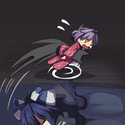 Rule 34 | 2girls, ahoge, blanket, blue hair, closed eyes, commentary request, dot eyes, flying sweatdrops, full body, grey hoodie, holding, holding stuffed toy, hood, hoodie, indoors, japanese clothes, kimono, long hair, long sleeves, multiple girls, open mouth, pillow, purple hair, red kimono, running, sleeping, stuffed animal, stuffed cat, stuffed toy, sukuna shinmyoumaru, syope, tatami, touhou, v-shaped eyebrows, wide sleeves, yorigami shion