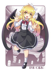Rule 34 | 1girl, bat wings, black skirt, blonde hair, bow, colonel aki, commentary request, fang, full moon, hair bow, hands up, kurumi (touhou), long hair, looking at viewer, moon, open mouth, shirt, skirt, smile, solo, touhou, translated, white shirt, window, wings, yellow eyes