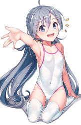 Rule 34 | 1girl, ^^^, ahoge, commentary request, competition school swimsuit, full body, grey eyes, grey hair, hair between eyes, highres, kantai collection, kiyoshimo (kancolle), konnyaku (kk-monmon), looking at viewer, low twintails, one-piece swimsuit, open mouth, round teeth, school swimsuit, seiza, simple background, sitting, solo, swimsuit, teeth, thighhighs, twintails, upper teeth only, white background, white one-piece swimsuit, white thighhighs