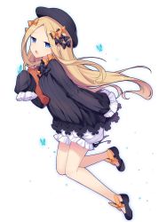 Rule 34 | 1girl, abigail williams (fate), absurdres, amemiya ruki, black bow, black dress, black footwear, black hat, blonde hair, bloomers, blue eyes, bow, bug, butterfly, commentary request, dress, fate/grand order, fate (series), female focus, from side, full body, hair bow, hands in opposite sleeves, hat, highres, hugging object, insect, long hair, long sleeves, looking at viewer, looking to the side, orange bow, parted bangs, parted lips, polka dot, polka dot bow, shoes, solo, stuffed animal, stuffed toy, teddy bear, teeth, transparent background, underwear, upper teeth only, very long hair, white background, white bloomers