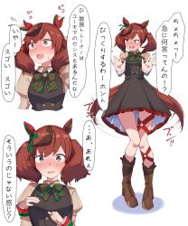 Rule 34 | 1girl, animal ears, beige shirt, blush, boots, bow, bowtie, brown eyes, brown footwear, brown hair, brown shirt, buttons, commentary request, double-breasted, dress, dress shirt, ear covers, embarrassed, flapping ears, green neckwear, highres, horse ears, horse girl, horse tail, juliet sleeves, long sleeves, looking away, mm (mm chair), multicolored hair, multiple views, nice nature (umamusume), open mouth, pinafore dress, marriage proposal, puffy sleeves, shirt, short dress, sideways glance, sleeve cuffs, sleeveless dress, speech bubble, streaked hair, tail, tail wagging, thigh strap, translation request, umamusume