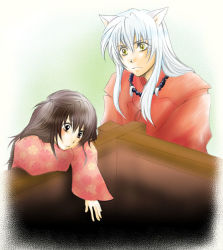 Rule 34 | animal ears, brown eyes, brown hair, child, inuyasha, inuyasha (character), japanese clothes, jewelry, long hair, necklace, rin (inuyasha), simple background, white hair, yellow eyes