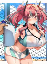 Rule 34 | 1girl, azur lane, bare shoulders, breasts, bremerton (azur lane), bremerton (scorching-hot training) (azur lane), chain-link fence, cleavage, collarbone, collared shirt, commentary, cowboy shot, crop top, fence, grey hair, groin, hair ornament, hairclip, highres, huge breasts, jewelry, kurot, leaning forward, long hair, looking at viewer, midriff, miniskirt, multicolored hair, navel, necklace, nipples, parted lips, pov, pov hands, red eyes, red hair, see-through, shirt, skirt, sleeveless, sleeveless shirt, solo, standing, sweat, thighs, towel, twintails, two-tone hair, underboob, wet, wet clothes, wet shirt, white shirt, white skirt