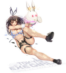 Rule 34 | 1girl, animal ears, bare shoulders, black footwear, black necktie, breasts, brown eyes, brown hair, cleavage, commentary request, cropped vest, cross-laced footwear, fake animal ears, fingernails, fishnet thighhighs, fishnets, full body, gun, handgun, high heels, highres, holding, holding weapon, large breasts, lips, logo, machine, masami chie, midriff, navel, necktie, official art, open mouth, rabbit ears, rabbit tail, shoe soles, shoes, shorts, simple background, sleeveless, solo, suspenders, tail, thighhighs, tokyo exe girls, torn clothes, torn thighhighs, vest, weapon, white background, wrist cuffs
