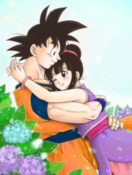 Rule 34 | 1boy, 1girl, ;), bare arms, bare shoulders, black eyes, black hair, blue background, blue flower, blush, bracelet, bubble, chi-chi (dragon ball), chinese clothes, couple, cowboy shot, dougi, dragon ball, dragonball z, earrings, eyelashes, fingernails, flower, hands on another&#039;s hips, happy, height difference, hetero, hug, interlocked fingers, jewelry, leaf, looking at another, looking down, looking up, masa (p-piyo), one eye closed, plant, profile, purple flower, short hair, simple background, sleeveless, smile, son goku, spiked hair, upper body, white background, wristband