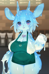 Rule 34 | 1girl, animal ears, apron, breasts, cleavage, cup, dated, drinking glass, furry, furry female, green apron, highres, horns, iced latte with breast milk (meme), kishibe, large breasts, meme, monster girl, naked apron, open mouth, original, pink eyes, short hair, slime (creature), slime (substance), slime girl, smile, solo, starbucks, thighs