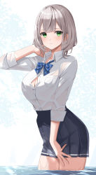 Rule 34 | 1girl, black skirt, blue bow, bow, braid, breasts, cleavage, collared shirt, commentary request, diagonal-striped bow, dress shirt, green eyes, grey hair, hand up, highres, hololive, looking at viewer, medium breasts, parted lips, pleated skirt, see-through, shirogane noel, shirogane noel (school uniform), shirt, short hair, skirt, solo, standing, virtual youtuber, wading, water, wet, wet clothes, wet shirt, white shirt, yuzu-aki