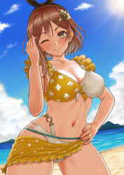 Rule 34 | 1girl, atelier (series), atelier ryza, bare arms, beach, bikini, black hairband, black ribbon, blue sky, blush, braid, breasts, brown eyes, brown hair, cleavage, closed mouth, cloud, cowboy shot, floral print, frills, hair ornament, hairband, hand on own hip, hand up, highres, janqoo89, large breasts, navel, one eye closed, print bikini, print sarong, reisalin stout, ribbon, sarong, short hair, sky, smile, solo, sun, swimsuit, two-tone swimsuit, x hair ornament, yellow sarong