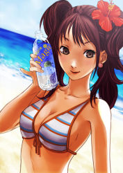 Rule 34 | 1girl, absurdres, atlus, bare shoulders, beach, bikini, bottle, breasts, brown eyes, cleavage, day, dutch angle, earrings, flower, front-tie top, hair flower, hair ornament, hibiscus, highres, jewelry, kujikawa rise, large breasts, lipstick, long hair, makeup, nukazuke, ocean, outdoors, persona, persona 4, pinky out, red hair, sega, smile, solo, string bikini, striped bikini, striped clothes, swimsuit, twintails, upper body, water