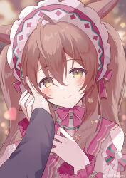 Rule 34 | 1girl, 1other, ahoge, alternate costume, alternate hairstyle, animal ears, barufoa, blurry, blurry background, blush, bonnet, brown eyes, brown hair, closed mouth, hair between eyes, hair ornament, hand on another&#039;s face, holding hands, horse ears, horse girl, mejiro bright (starry snow lolita) (umamusume), mejiro bright (umamusume), portrait, pov, pov hands, smile, solo focus, twintails, umamusume