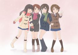Rule 34 | 10s, 4girls, black hair, blue eyes, blue skirt, blunt bangs, boots, brown eyes, brown hair, brown legwear, buttons, coat, double-breasted, fubuki (kancolle), fur boots, gloves, grin, hands in pocket, hands in pockets, hatsuyuki (kancolle), holding another&#039;s arm, holding own arm, kantai collection, kneehighs, long hair, low twintails, mittens, miyuki (kancolle), multiple girls, pleated skirt, ponytail, scarf, shimazaki mujirushi, shirayuki (kancolle), short hair, skirt, smile, socks, twintails, v