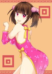 Rule 34 | 1girl, ass, bare shoulders, blush, breasts, brown hair, butt crack, china dress, chinese clothes, dress, groin, guchiaki, hair bobbles, hair ornament, large breasts, looking at viewer, looking to the side, machiya yuina, no bra, no panties, open mouth, orange background, pastel memories, paw pose, red eyes, short hair, short twintails, sideboob, simple background, solo, twintails