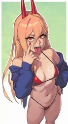 Rule 34 | 1girl, akanbe, bikini, blonde hair, breasts, chainsaw man, cleavage, cross-shaped pupils, crosshair pupils, demon horns, eyelid pull, highres, horns, long hair, medium breasts, open mouth, orange eyes, power (chainsaw man), red bikini, red horns, riz, sharp teeth, solo, swimsuit, symbol-shaped pupils, teeth, thong bikini, tongue, tongue out