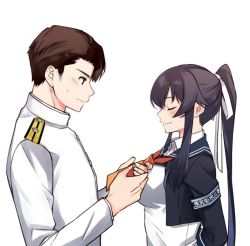 Rule 34 | 1boy, 1girl, admiral (kancolle), black hair, black jacket, black sailor collar, blush, breasts, brown eyes, brown hair, buttons, closed eyes, closed mouth, cropped jacket, ichinomiya (blantte), jacket, kantai collection, large breasts, long hair, long sleeves, military, military uniform, naval uniform, ponytail, sailor collar, short hair, simple background, smile, uniform, upper body, very long hair, white background, yahagi (kancolle), yahagi kai ni (kancolle)