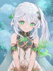 Rule 34 | 1girl, cape, child, commentary, cross-shaped pupils, detached sleeves, dress, genshin impact, gradient hair, green cape, green eyes, green hair, green sleeves, hair ornament, highres, leaf hair ornament, long hair, multicolored hair, nahida (genshin impact), pointy ears, side ponytail, solo, symbol-shaped pupils, white dress, white hair, younomiti