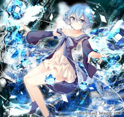 Rule 34 | 10s, 1girl, bare shoulders, benio (dontsugel), blue eyes, blue hair, dress, glasses, hair ornament, ice, magic, matching hair/eyes, nmaaaaa, official art, outstretched arms, piruluk, shoes, solo, spread arms, wixoss