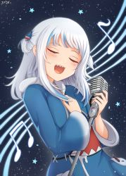 Rule 34 | 1girl, absurdres, bloop (gawr gura), blunt bangs, closed eyes, gawr gura, highres, holding, holding microphone, hololive, hololive english, microphone, microphone stand, music, musical note, open mouth, sharp teeth, singing, solo, space, sticker, teeth, tfqr, two side up, virtual youtuber, white hair