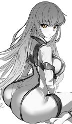 Rule 34 | 1girl, absurdres, ass, barefoot, blue theme, bodysuit, breasts, c.c., closed mouth, code geass, commentary, from side, greyscale, highres, large breasts, long hair, looking at viewer, looking to the side, metsu end, monochrome, partially colored, simple background, sitting, soles, solo, straitjacket, torn clothes, very long hair, wardrobe malfunction, wariza, white background, yellow eyes