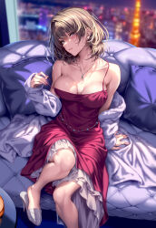 Rule 34 | 1girl, arm support, bare legs, bare shoulders, blurry, blurry background, blush, bob cut, breasts, coat, coat partially removed, collarbone, commentary request, couch, dress, earrings, fingernails, green hair, head tilt, heterochromia, high heels, highres, idolmaster, idolmaster cinderella girls, indoors, jewelry, large breasts, looking at viewer, mole, mole under eye, nail polish, on couch, piromizu, red dress, shoe dangle, sitting, sleeveless, solo, strap slip, takagaki kaede, white coat