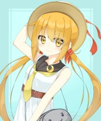 Rule 34 | 10s, 1girl, adapted costume, bad id, bad pixiv id, bag, blonde hair, dress, hat, highres, kantai collection, long hair, necktie, rateratte, satsuki (kancolle), satsuki kai ni (kancolle), school uniform, serafuku, smile, solo, twintails, yellow eyes