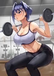 Rule 34 | 1girl, absurdres, barbell, bare shoulders, black leggings, blue eyes, blue hair, blush, breasts, cleavage, cowboy shot, earrings, exercising, hair bun, hair intakes, highres, hololive, hololive english, indoors, jewelry, large breasts, leggings, matching hair/eyes, midriff, nannachu7, navel, open mouth, ouro kronii, short hair, single hair bun, solo, sports bra, sportswear, squatting, virtual youtuber, weightlifting