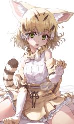 Rule 34 | 1girl, animal ear fluff, animal ears, bed sheet, belt, blonde hair, bow, bowtie, cat ears, cat tail, claw pose, commentary, elbow gloves, fur collar, gloves, grey belt, head tilt, high-waist skirt, highres, kemono friends, lens flare, looking at viewer, melaton, miniskirt, multicolored hair, on bed, open mouth, print bow, print bowtie, print gloves, print neckwear, print skirt, sand cat (kemono friends), sand cat print, shirt, shoes, short hair, sitting, skirt, sleeveless, sleeveless shirt, socks, solo, striped tail, tail, wariza, white background, white gloves, white shirt, white socks, yellow bow, yellow bowtie, yellow eyes, yellow footwear, yellow gloves, yellow skirt