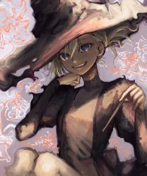 Rule 34 | 1girl, absurdres, artist request, bad id, bad twitter id, blonde hair, blue eyes, character request, dress, hair up, happy, hat, highres, long hair, looking at viewer, red hood (kawaguchi), sitting, sketch, smile, solo, source request, wand, witch, witch hat