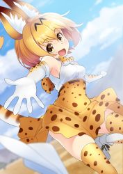 Rule 34 | 10s, animal ears, ankle boots, belt, blonde hair, blurry, blurry background, blurry foreground, boots, bow, bowtie, closed mouth, cloud, cloudy sky, commentary, day, depth of field, elbow gloves, fang, gloves, high-waist skirt, highres, kemono friends, looking at viewer, looking back, miniskirt, nyanmaru, open mouth, outdoors, paper airplane, print gloves, print skirt, print thighhighs, reaching, serval (kemono friends), serval print, serval tail, shirt, short hair, skindentation, skirt, sky, sleeveless, sleeveless shirt, smile, solo, standing, standing on one leg, tail, thighhighs, white footwear, white gloves, white shirt, yellow eyes, yellow skirt, yellow thighhighs