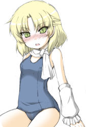 Rule 34 | 1girl, arm warmers, bad id, bad pixiv id, blonde hair, blush, female focus, green eyes, izuko, mizuhashi parsee, one-piece swimsuit, open mouth, pointy ears, scarf, school swimsuit, short hair, sitting, solo, swimsuit, touhou