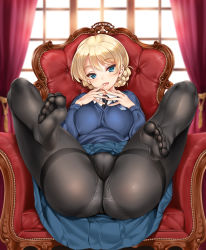 Rule 34 | 10s, 1girl, ass, bad id, bad pixiv id, black necktie, black pantyhose, blonde hair, blue eyes, blue skirt, blue sweater, blush, braid, breast suppress, breasts, cameltoe, chair, cle masahiro, clothes lift, curtains, darjeeling (girls und panzer), dress shirt, emblem, feet, french braid, full body, girls und panzer, gusset, hand to own mouth, impossible clothes, impossible sweater, pussy, large breasts, long sleeves, looking at viewer, necktie, no shoes, panties, panties under pantyhose, pantyhose, perspective, pleated skirt, presenting, school uniform, shiny clothes, shirt, short hair, sitting, skirt, skirt lift, smile, soles, solo, spread legs, st. gloriana&#039;s (emblem), sweater, thighband pantyhose, toenails, toes, underwear, v-neck, white shirt, window
